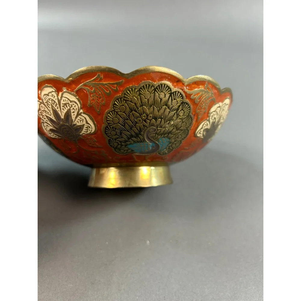 Vintage Brass Enamel Peacock Bowl Red Blue Scalloped Edge Decorative Dish 5 inch